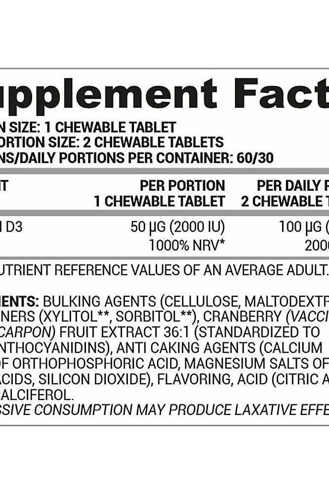 Supplement facts for Nutriversum D3 Chewable tablets showing ingredients and daily values.
