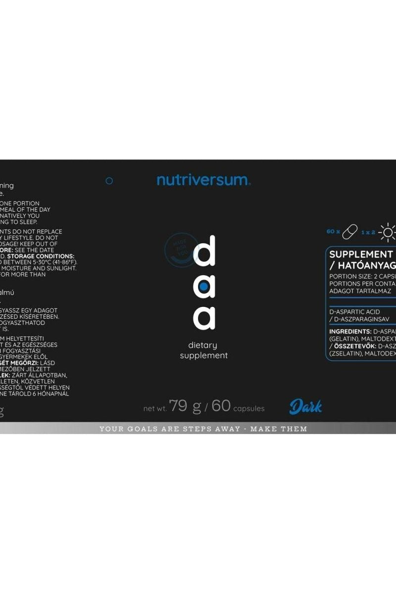 Nutriversum DAA dietary supplement packaging, 60 capsules for testosterone boost and improved energy levels.
