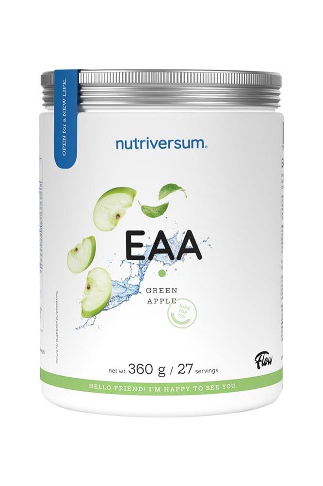 Nutriversum EAA Green Apple flavor in a 360g container, offering essential amino acids, BCAAs, and 27 servings.
