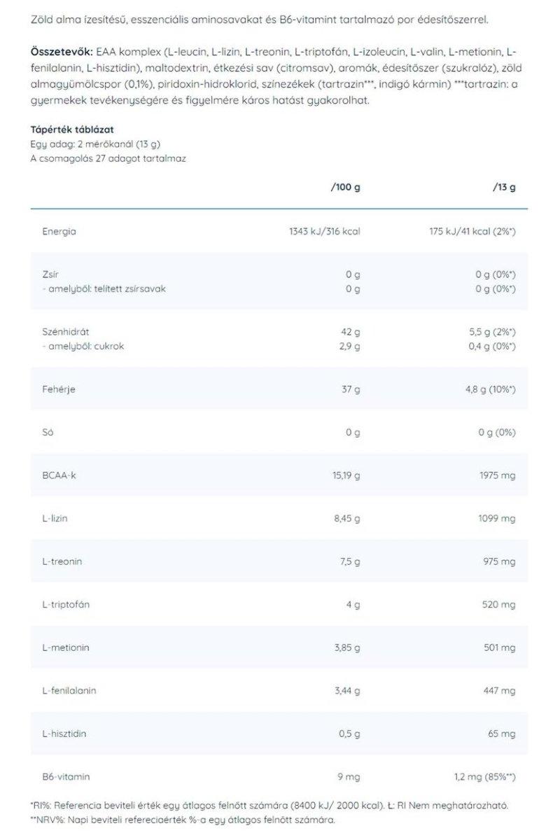 Nutriversum - EAA nutritional information table detailing amino acids, vitamin B6, and other ingredients.