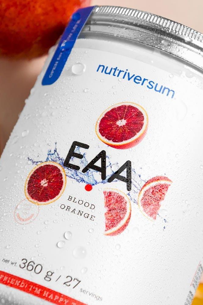 Nutriversum EAA supplement in Blood Orange flavor, 360g container with refreshing design.
