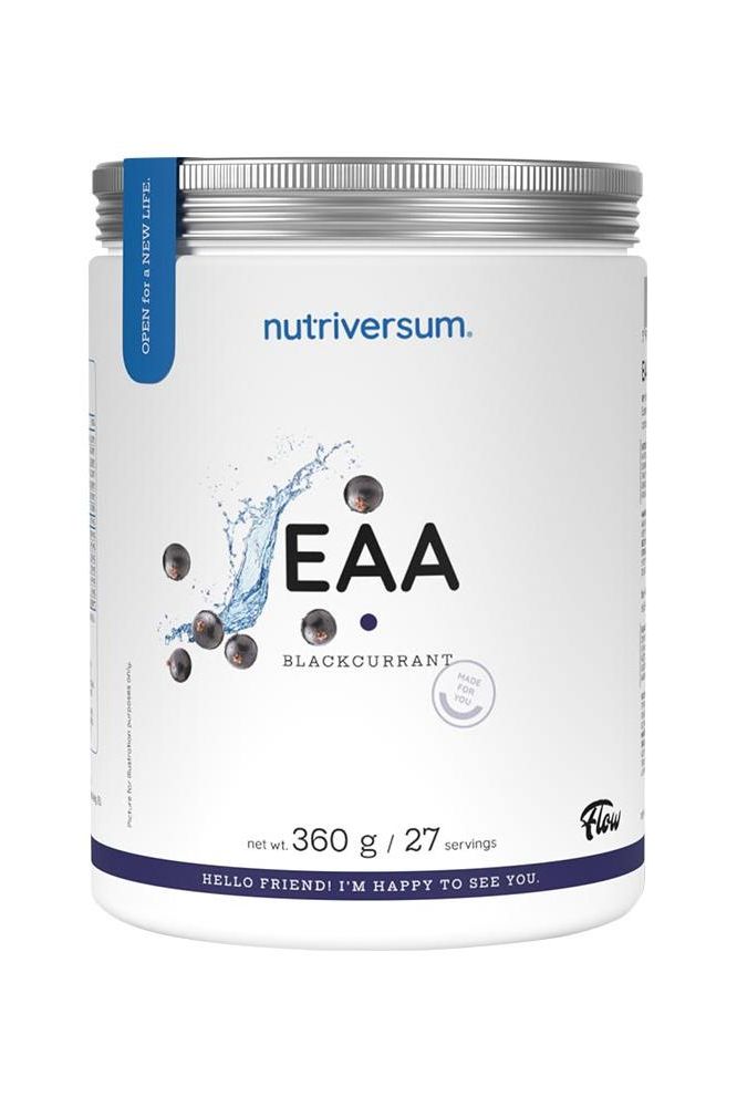 Nutriversum EAA Blackcurrant powder, 360g, providing essential amino acids for enhanced performance, sugar-free.