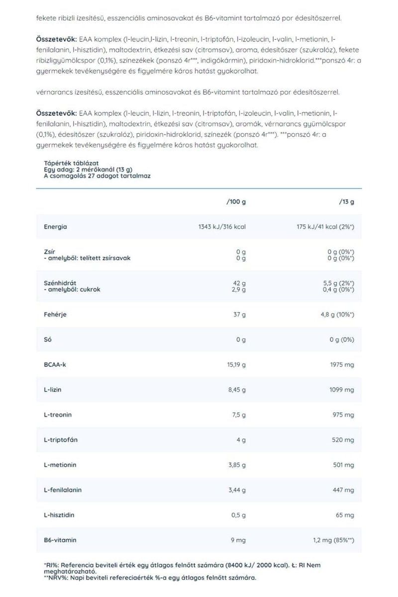 Nutriversum EAA nutritional information, highlighting essential amino acids and B6 vitamin content.
