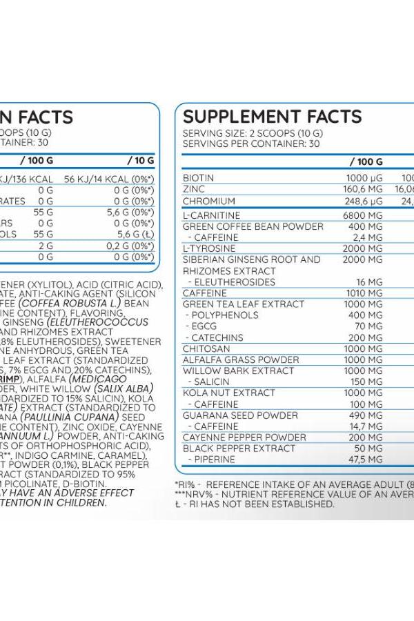 Supplement facts panel detailing ingredients and nutritional information for a dietary supplement.