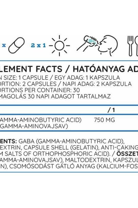 Nutriversum GABA supplement facts showing ingredients and dosage for 60 capsules, including GABA dosage.