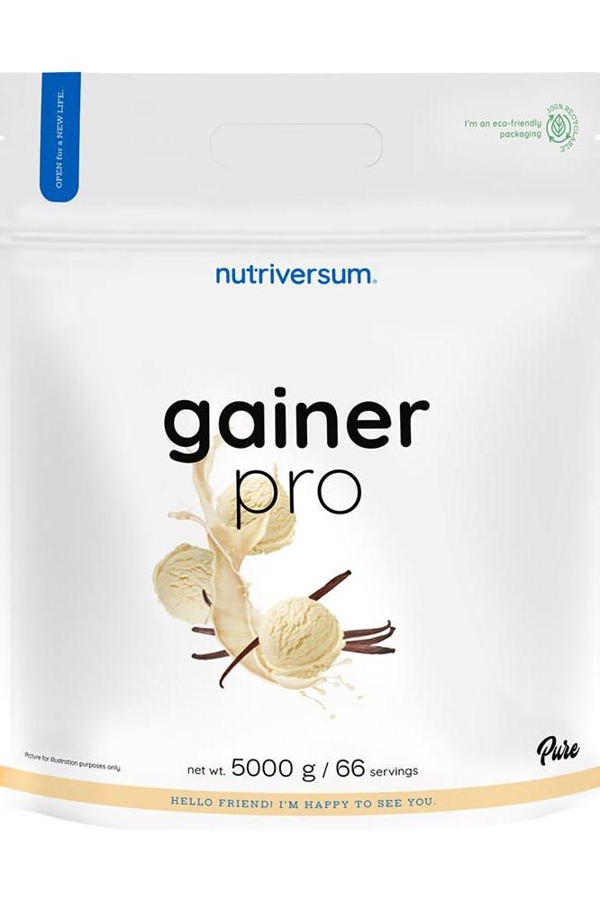 Nutriversum Gainer Pro protein supplement packaging, 5000 g, classic flavor, 66 servings, energy and muscle support.
