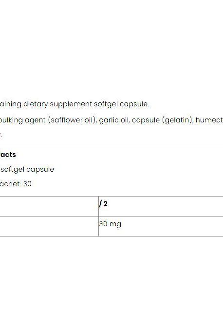 Nutriversum Garlic Oil dietary supplement softgel capsule ingredients and nutritional facts chart.