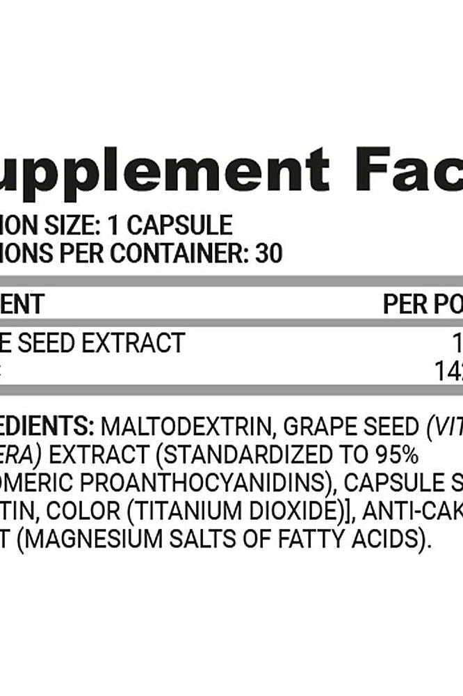 Supplement facts for Nutriversum Grape Seed VITA capsules, highlighting ingredients and nutritional information.