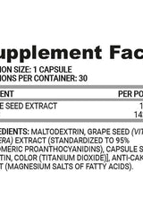 Supplement facts for Nutriversum Grape Seed VITA capsules, highlighting ingredients and nutritional information.