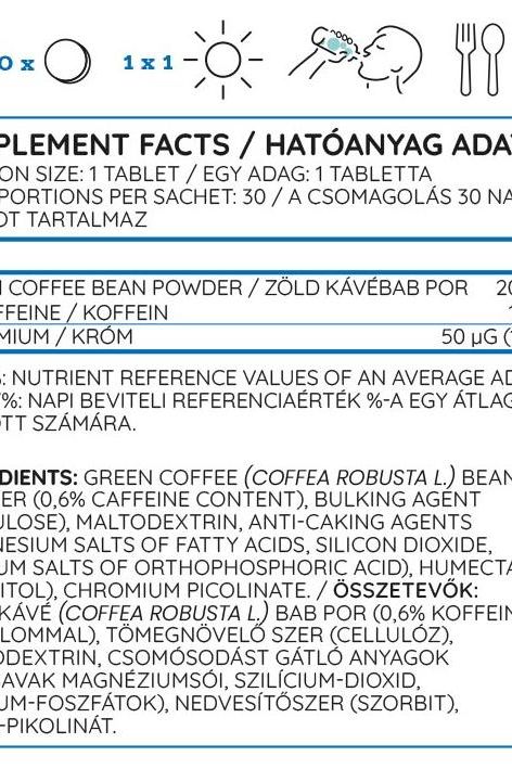 Supplement facts for Nutriversum Green Coffee Bean + Chromium, featuring ingredients and nutritional values.