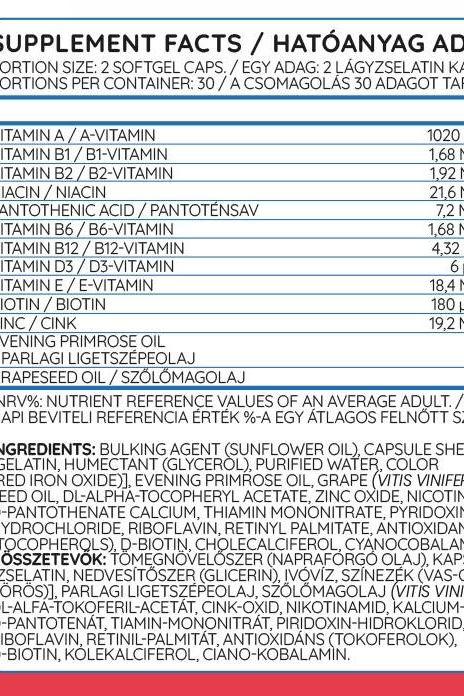 Supplement facts for Nutriversum Hair Skin Nail capsules, highlighting vitamins and nutrients per serving.