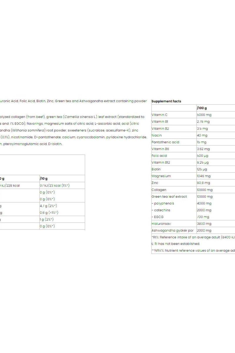 Supplement facts chart for Nutriversum - Hyaluron Heaven, detailing active ingredients and their quantities.