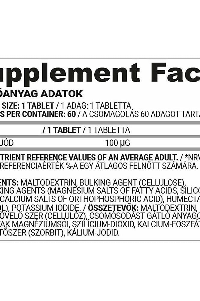 Nutriversum Iodine supplement facts label with ingredients and dosage information for 60 tablets.