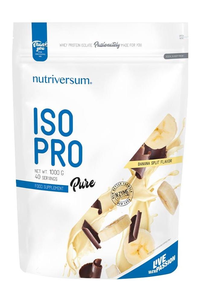 Nutriversum ISO PRO Pure protein powder, banana split flavor, 1000g in resealable packaging.