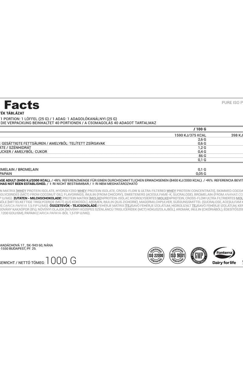 Nutriversum ISO PRO PURE nutritional information label showcasing ingredients and benefits.