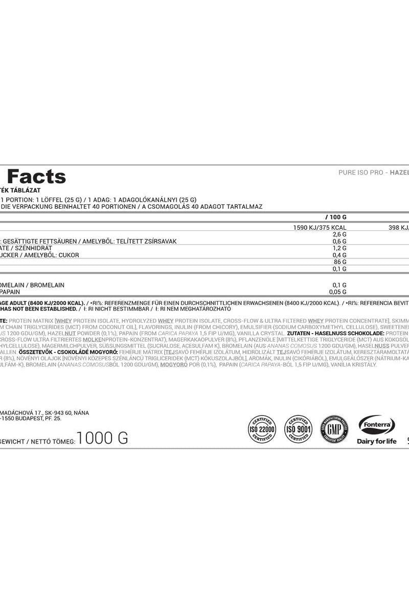 Nutriversum ISO PRO PURE product nutrition facts label showcasing high protein content and ingredients.
