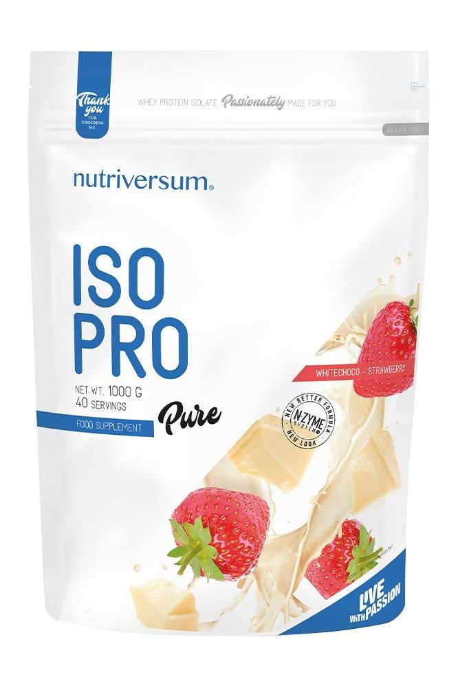 Nutriversum ISO PRO Pure protein powder packaging with strawberries and white chocolate flavor.