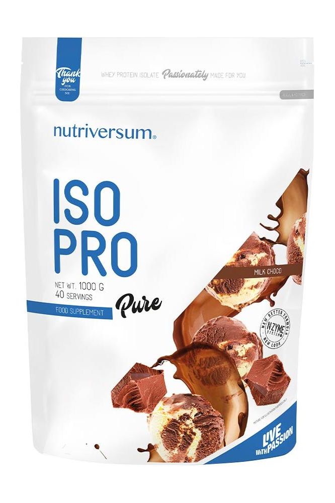 Nutriversum ISO PRO Pure protein powder packaging with premium quality, gluten-free, and natural ingredients.