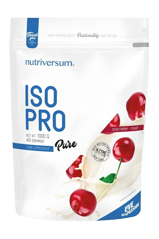 Nutriversum ISO PRO Pure protein supplement packaging featuring sour cherry flavor and high protein content.