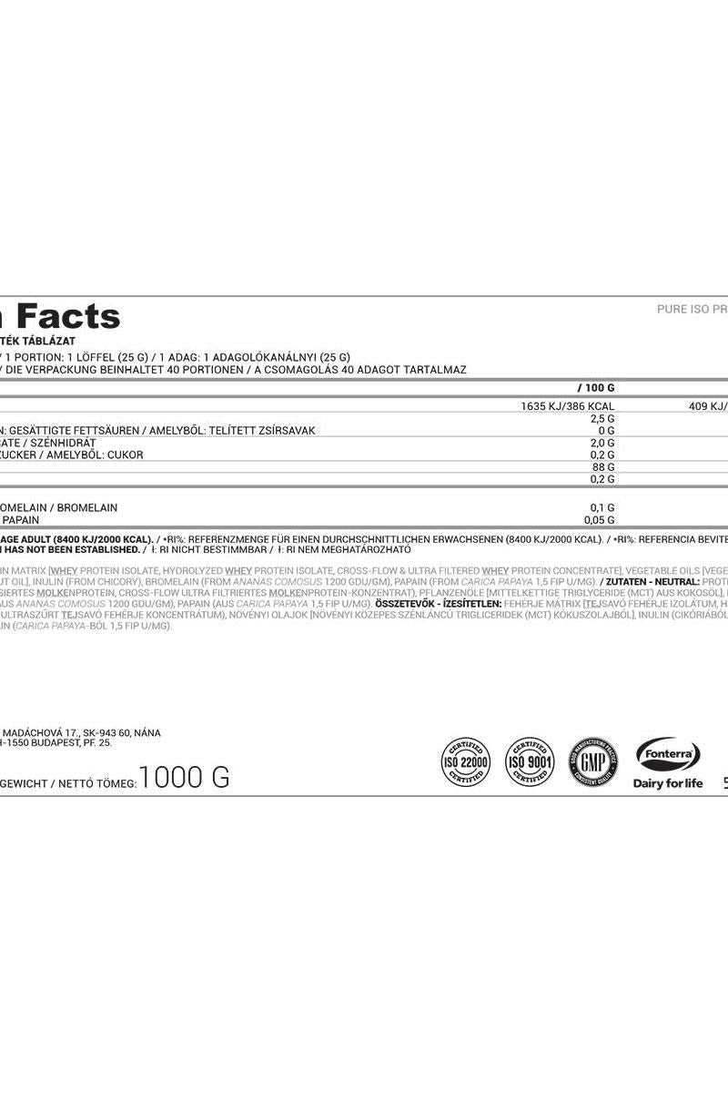 Nutrition facts label for Nutriversum ISO PRO PURE protein powder, detailing ingredients and nutritional values.