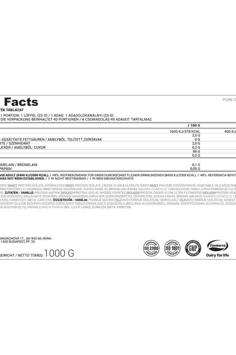 Nutriversum ISO PRO PURE nutritional facts label showing protein content, ingredients, and serving size.