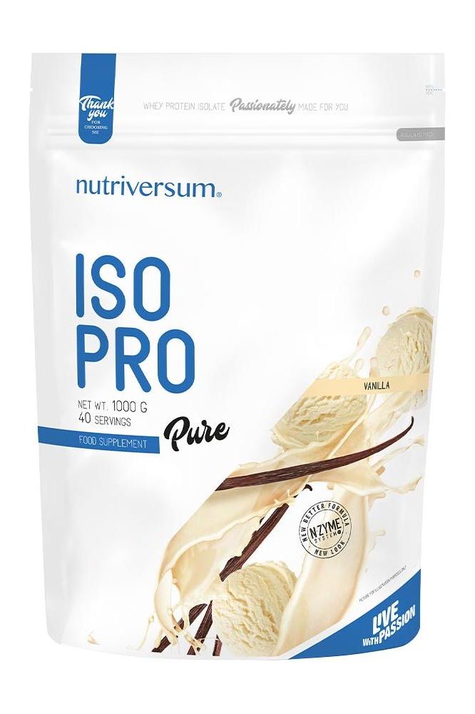 Nutriversum ISO PRO Pure protein powder packaging, 1000g, high protein, low sugar, gluten-free, vanilla flavor.