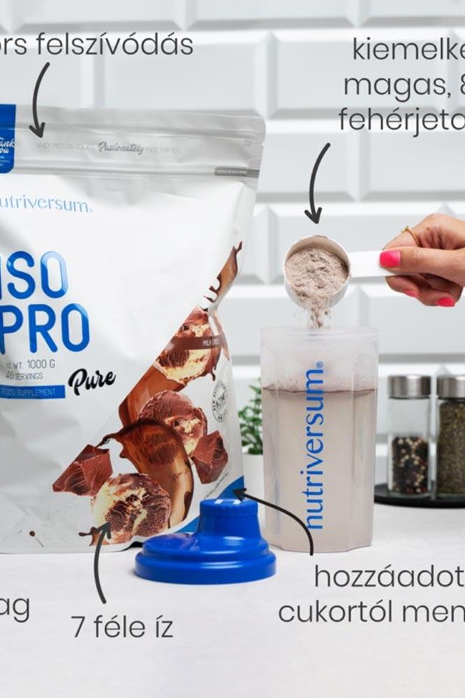 Nutriversum ISO PRO PURE protein powder in a shaker, highlighting high protein content and flavors.