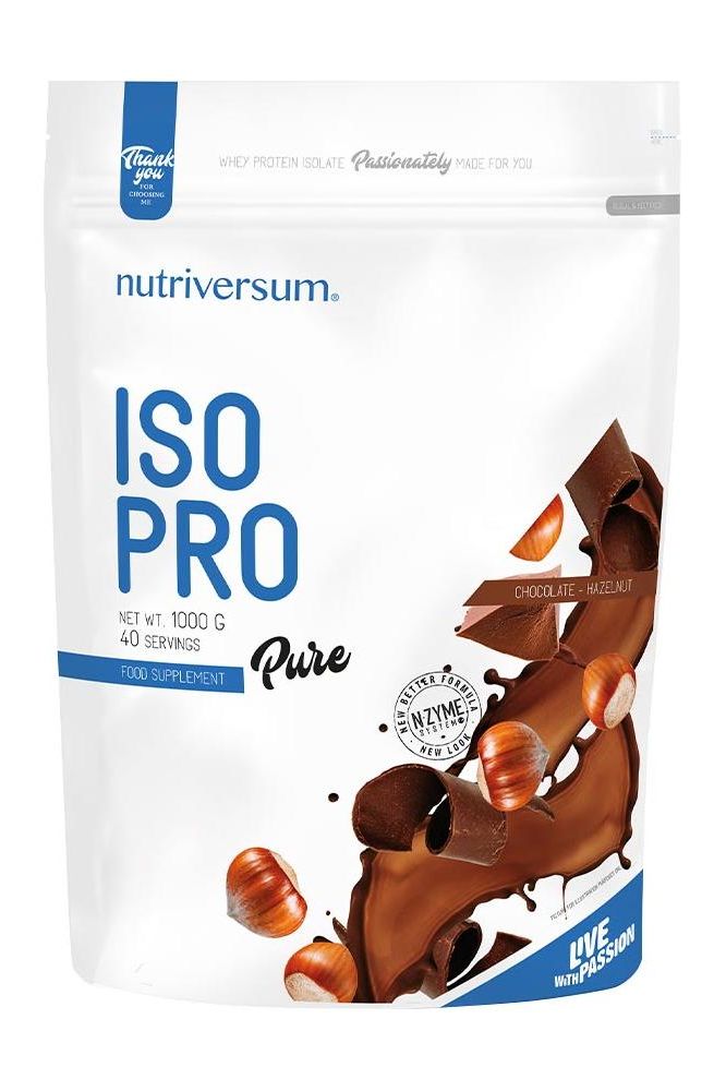Nutriversum ISO PRO Pure whey protein supplement with high protein content and chocolate hazelnut flavor.