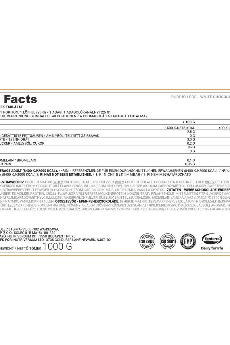 Nutriversum ISO PRO PURE nutrition facts label detailing ingredients and protein content.