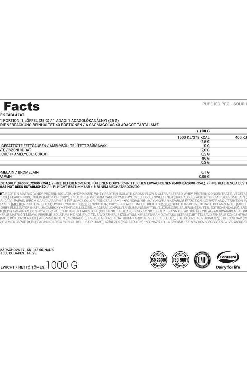 Nutriversum ISO PRO PURE nutritional facts label with protein content and ingredient information.