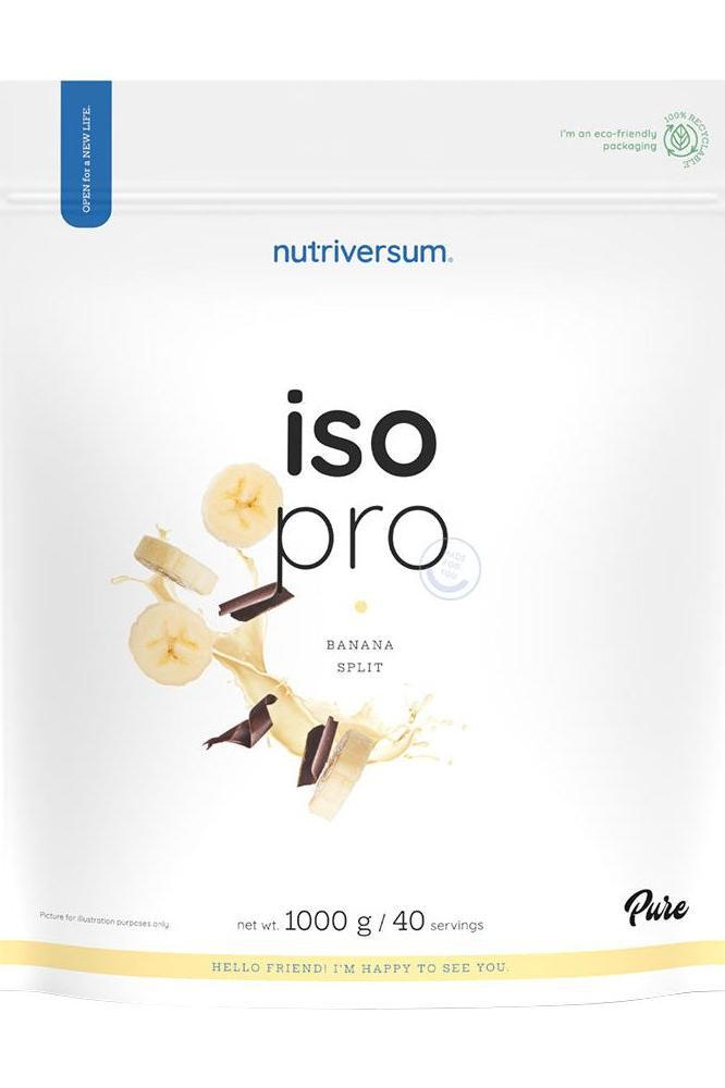 Nutriversum Iso Pro protein powder packaging in Banana Split flavor, 1000g, with 21g protein per serving.