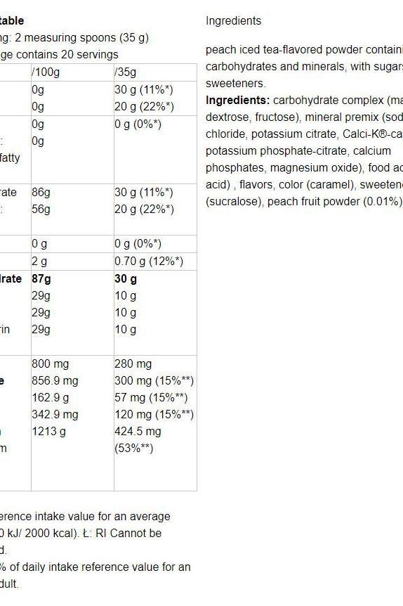Nutriversum Isotonic Drink Peach Iced Tea nutritional information and ingredient list.
