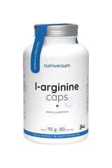 Nutriversum L-Arginine Caps dietary supplement bottle with 60 capsules for improved athletic performance.
