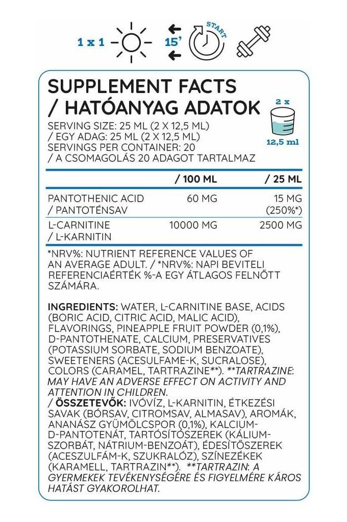 Nutrition label for Nutriversum L-Carnitine 2500 mg FLOW, detailing ingredients and supplement facts.