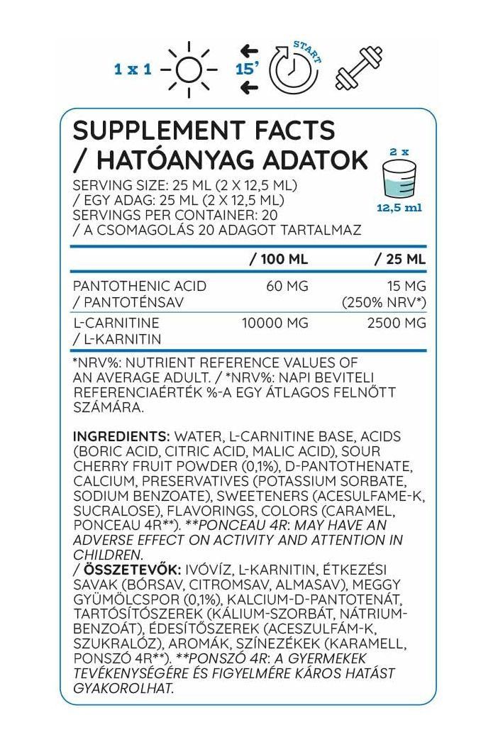 Nutriversum L-Carnitine 2500 mg supplement facts label with serving size and ingredients.