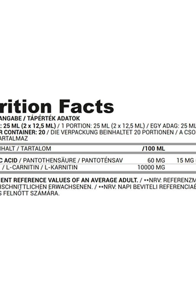 Nutrition facts label for Nutriversum L-Carnitine 2500 mg FLOW showing ingredients and serving sizes.