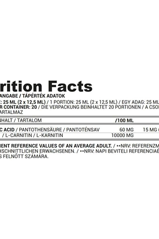 Nutrition facts for Nutriversum L-Carnitine 2500 mg FLOW supplement, including ingredients and serving size.