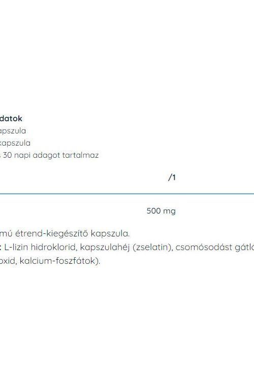 Nutriversum L-Lysine capsules product information showing 500 mg per serving and dietary supplement details.