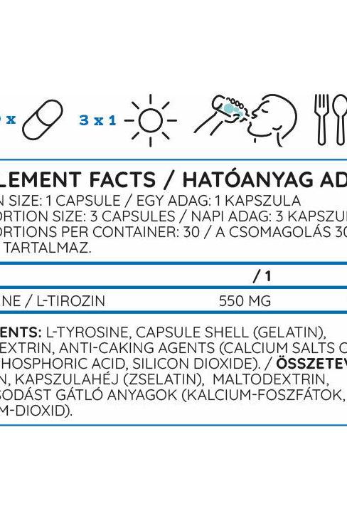 Nutriversum L-Tyrosine supplement facts showing ingredients and dosage information for 90 capsules.