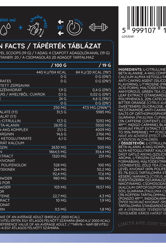 Nutriversum Limitless PWO nutrition facts panel showcasing ingredients and nutritional values.
