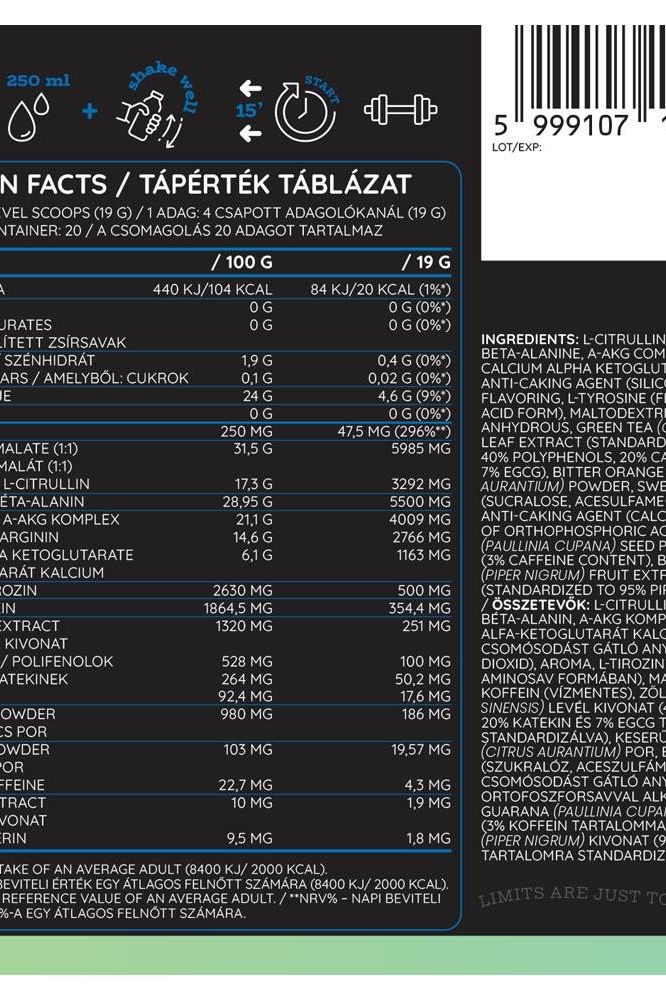 Nutrition facts label for Nutriversum Limitless PWO, detailing ingredients and nutritional information.