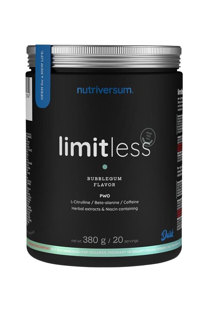 Nutriversum Limitless PWO bubblegum flavor, 380g dietary supplement for energy and endurance.