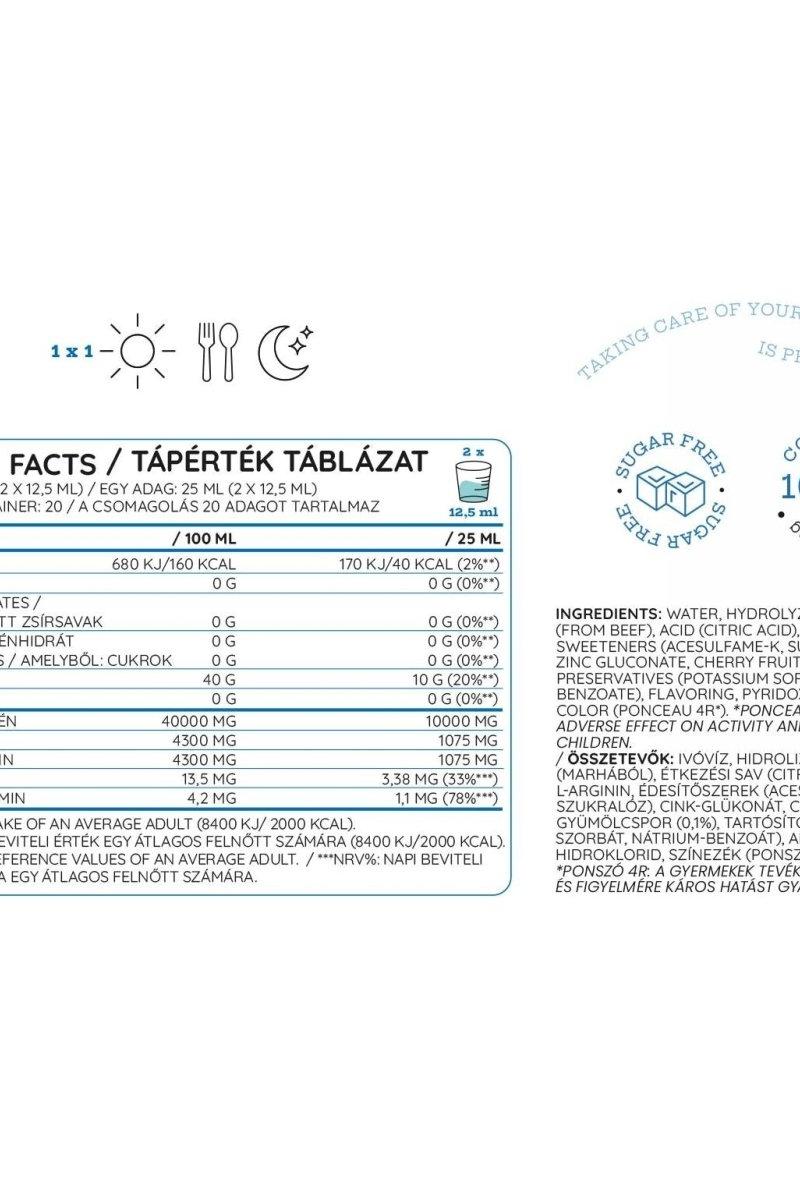 Nutrition facts label for Nutriversum Liquid Collagen 10.000 Mg Sugar Free, highlighting ingredients and nutritional values.