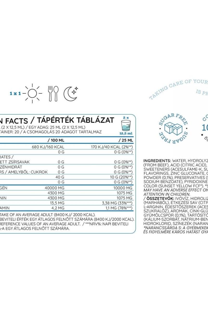 Nutriversum Liquid Collagen 10.000 Mg sugar-free nutrition facts and ingredients list on packaging.