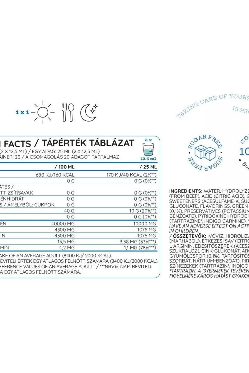 Nutrition facts label for Nutriversum Liquid Collagen 10.000 Mg Sugar Free showing ingredients and calorie content.