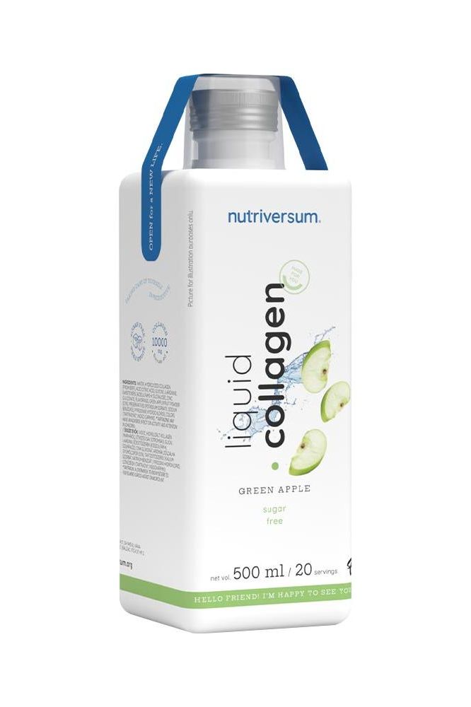 Nutriversum Liquid Collagen 500ml, sugar-free green apple flavor, easy daily intake, 20 servings.