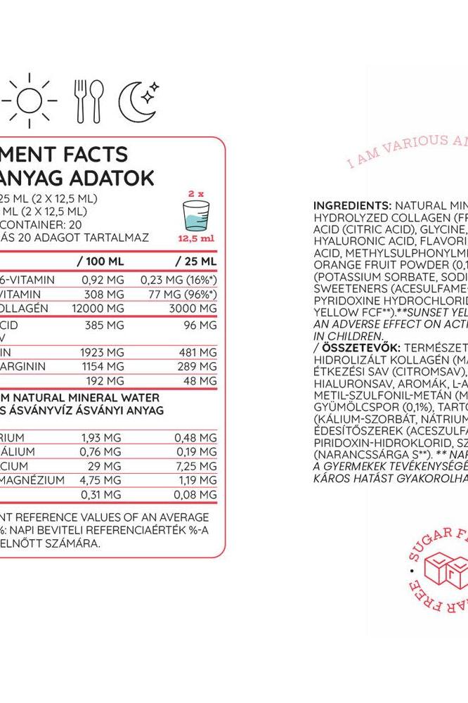 Nutriversum Liquid MSM+C Hyaluron Collagen nutrition facts and ingredients list in orange flavor, 500 ml.