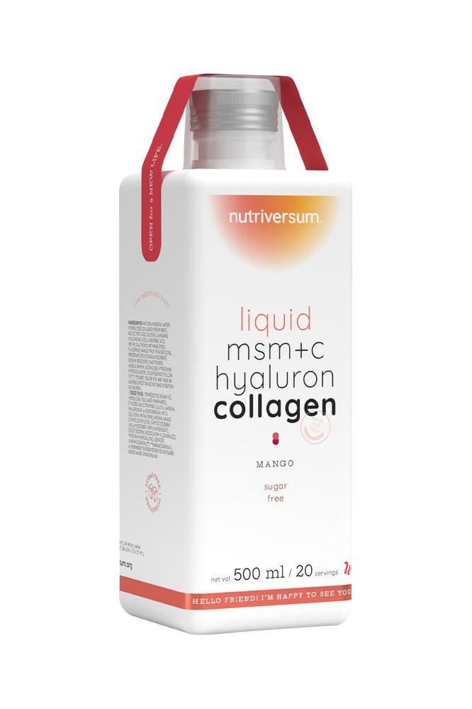 Nutriversum Liquid MSM+C Hyaluron Collagen 500ml for women, mango flavor, sugar-free skin health supplement.