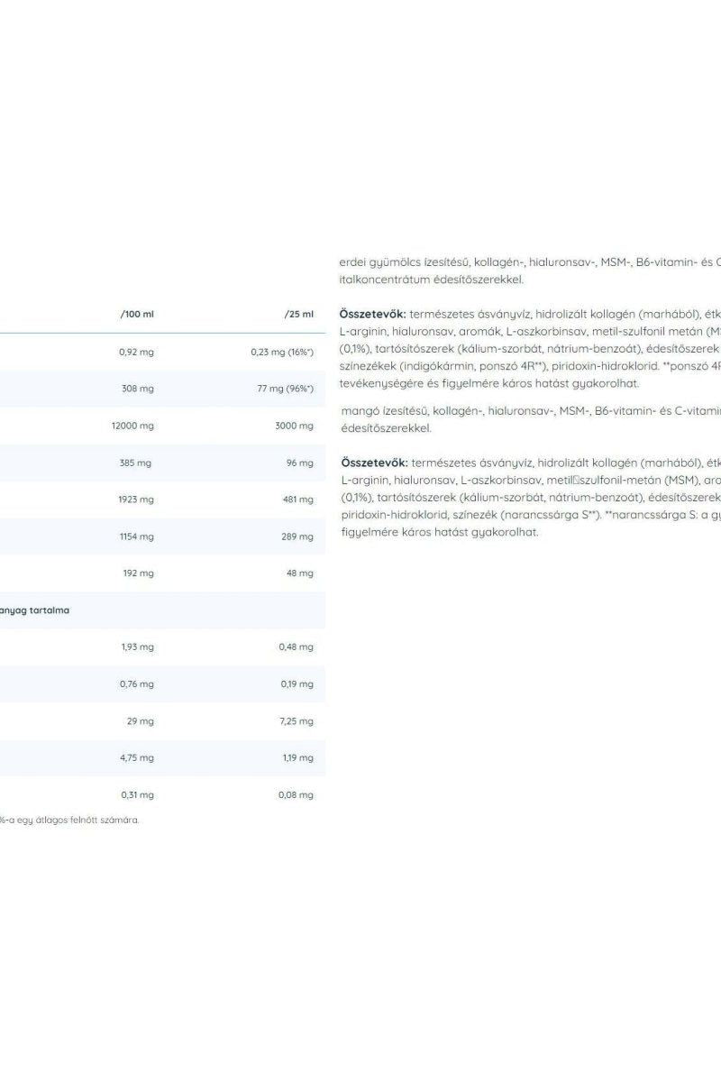 Nutriversum Liquid MSM+C Hyaluron Collagen supplement ingredient list and nutritional values table.