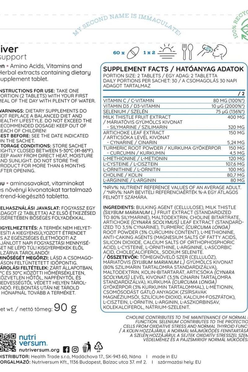 Supplement facts for Nutriversum Liver Support - 60 Tablets showing active ingredients and instructions.